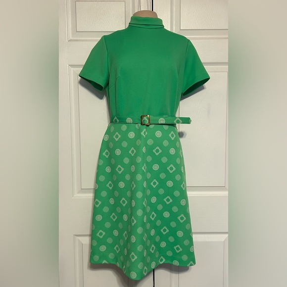 Vintage 60’s 70’s Green White Women’s 3 piece Dress Retro geometrical‎ circles - Picture 5 of 14